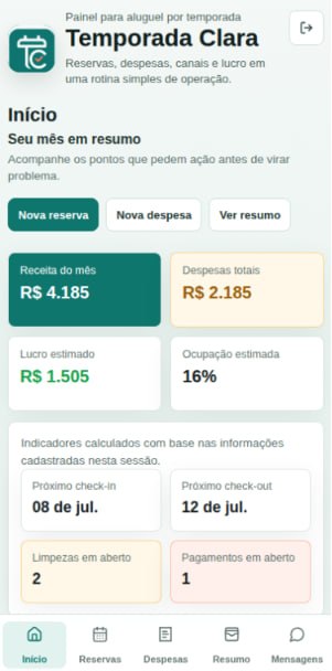 Tela inicial do Temporada Clara no celular