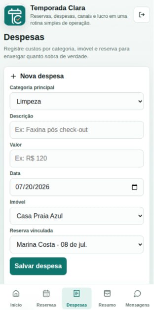 Tela de despesas no Temporada Clara