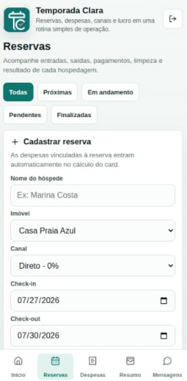 Cadastro de reserva no Temporada Clara
